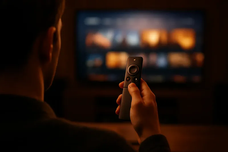 Over-the-shoulder shot of an individual holding a sleek matte-black remote control, pointing it towards a blurred glowing screen in a dark, cozy media room, cinematic lighting emphasizing the high-tech, modern streaming experience.