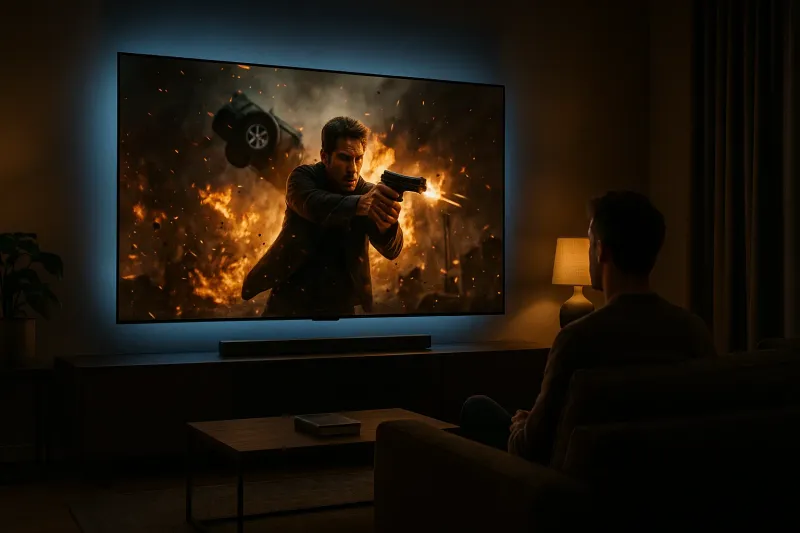 Cinematic wide shot of a modern dark living room illuminated by the glow of a massive wall-mounted OLED TV displaying a high-octane action movie scene, a sleek minimal soundbar below, subtle blue backlighting behind the screen enhancing the premium home theater atmosphere.